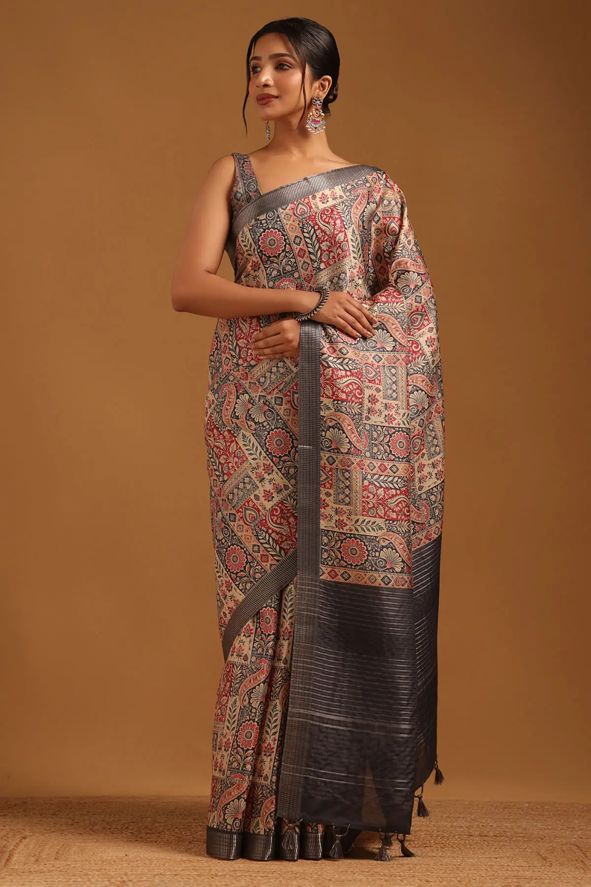 Charcoal Tussar Botanical Saree